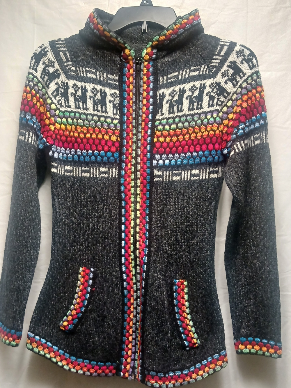 Charcoal Hooded Zip Front Sweater with Multicolor Fair Isle Trim - Picture 7 of 11